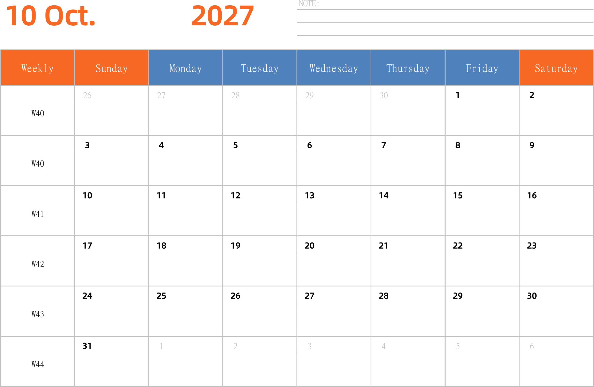 日历表2027年日历 英文版 横向排版 周日开始 带周数